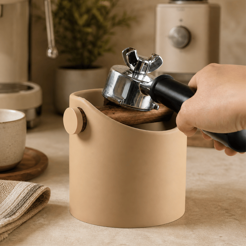 Minimalist Espresso Knock Box with Oak Bar