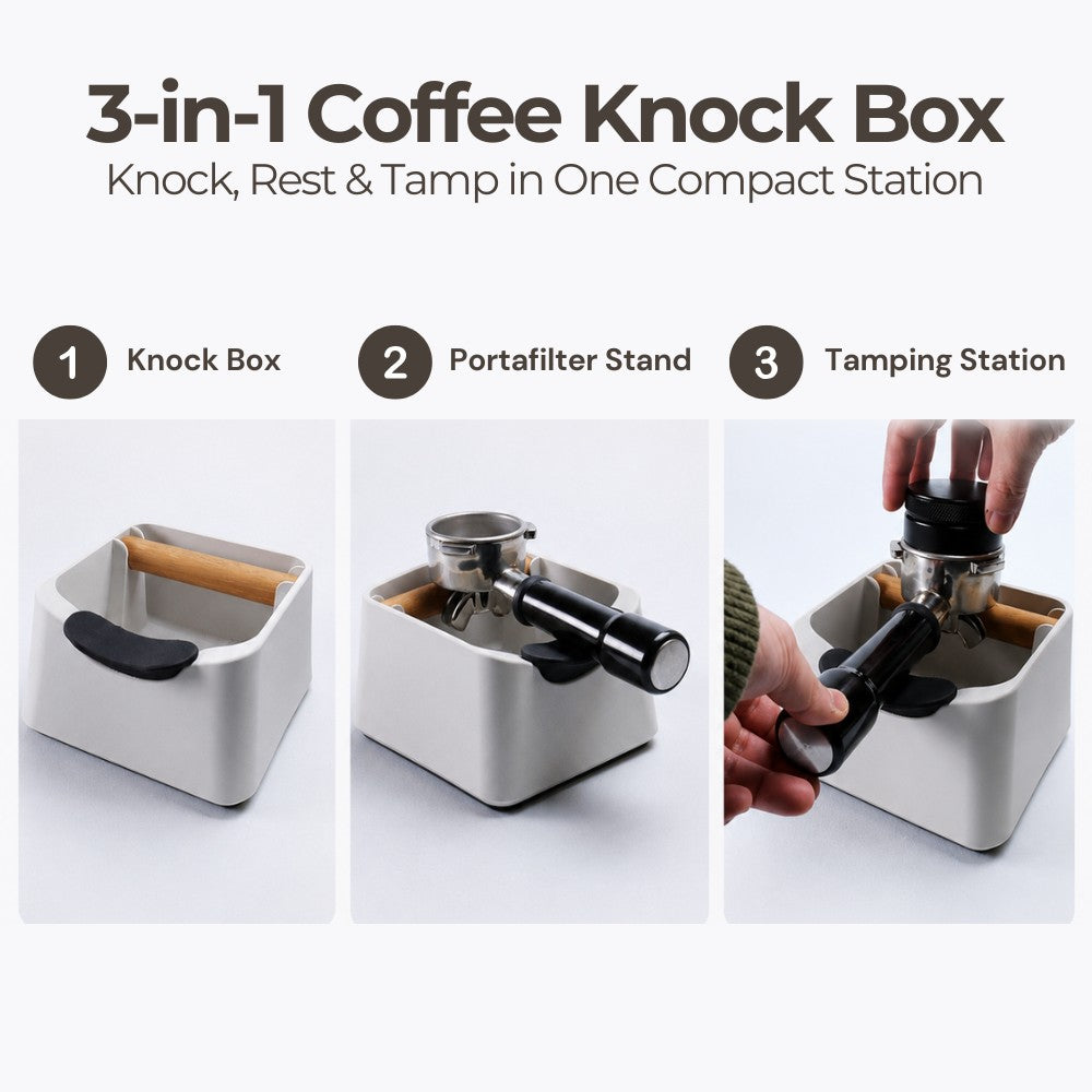 The Pod 3-in-1 Espresso Knock Box with Portafilter Stand & Oak Wood Knock Bar