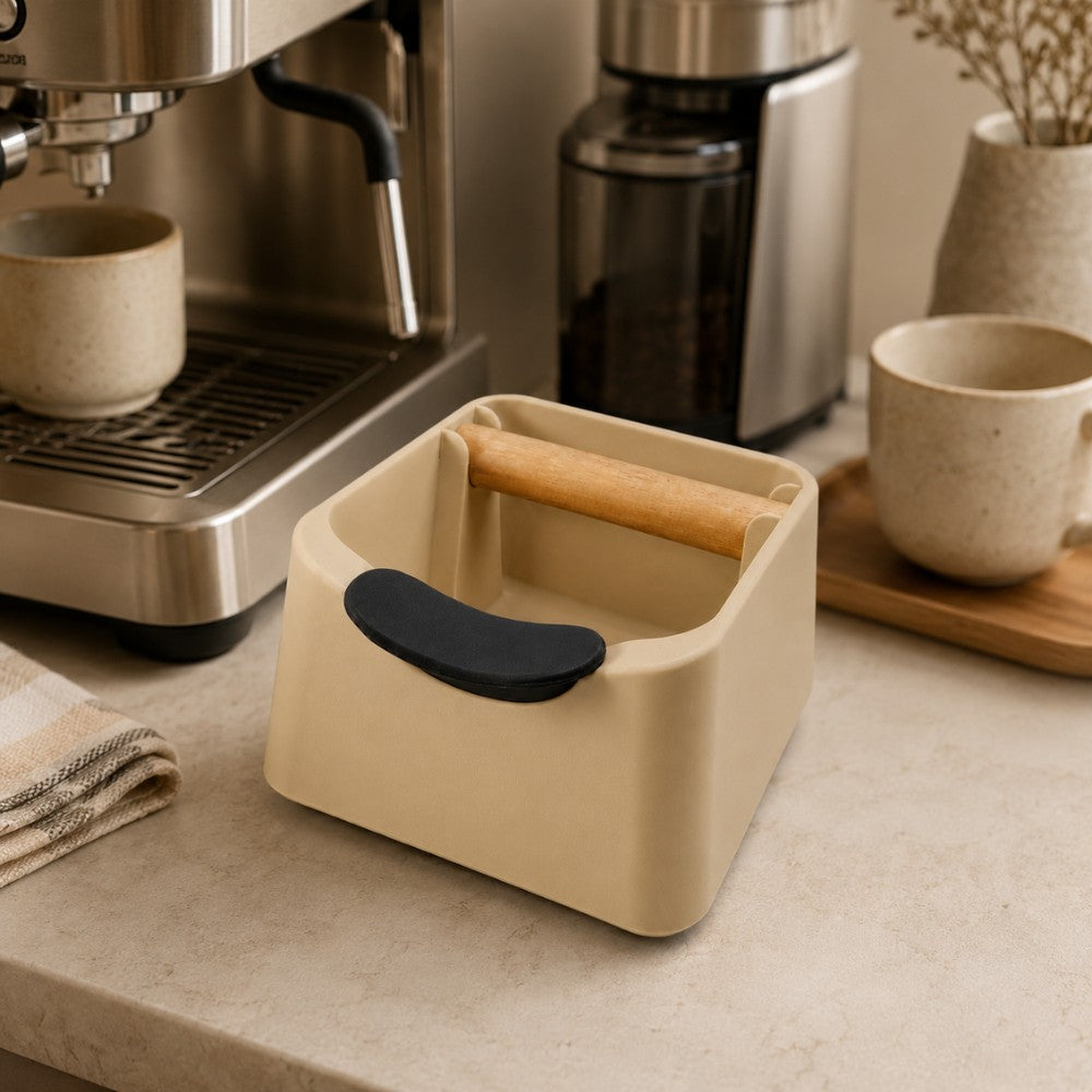 The Pod 3-in-1 Espresso Knock Box with Portafilter Stand & Oak Wood Knock Bar